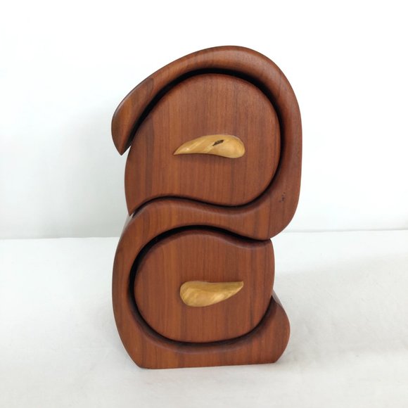 Hand Made Solid Wood Trinket Jewelry Box Artisan Signed Hardwood Puzzle Drawers - Picture 2 of 9